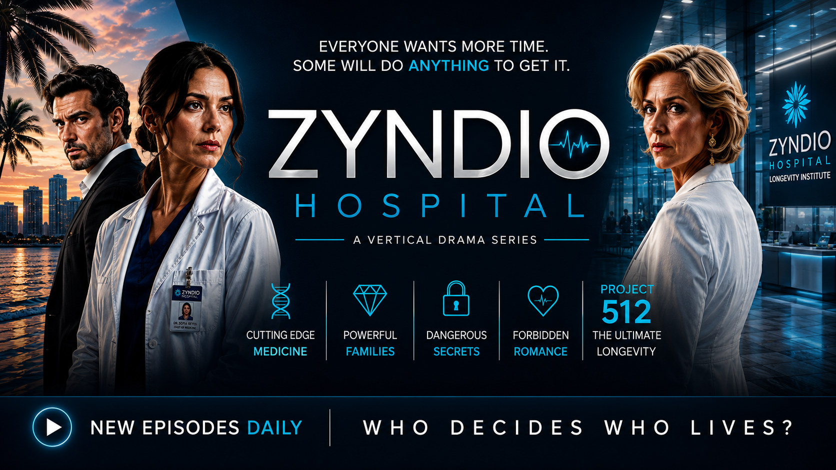 Zyndio Hospital ensemble outside a glass-and-steel longevity facility